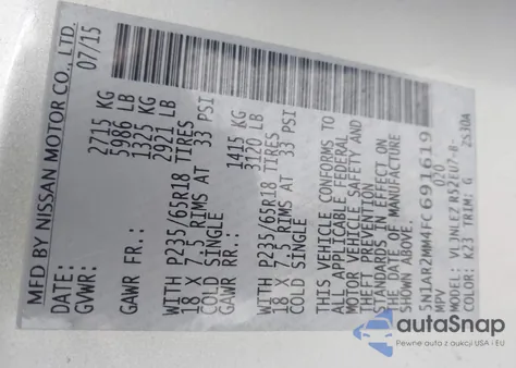 2015 Nissan Pathfinder Sv from USA, damaged, VIN 5N1AR2MM4FC691619